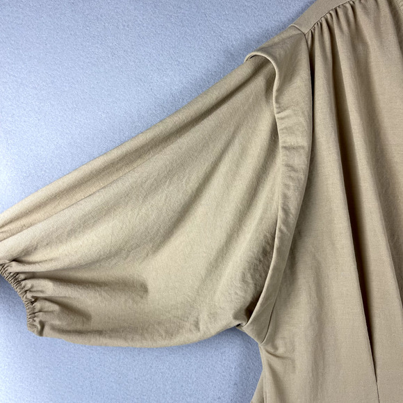 Mango Smock Mini Dress Women Large Tan V Neck Boho Relaxed Peasant Cottagagecore - Picture 6 of 14